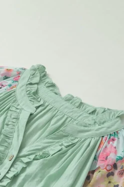 Sale Dear-Lover Floral Patchwork Frilled Split Neck Blouse Green Printed