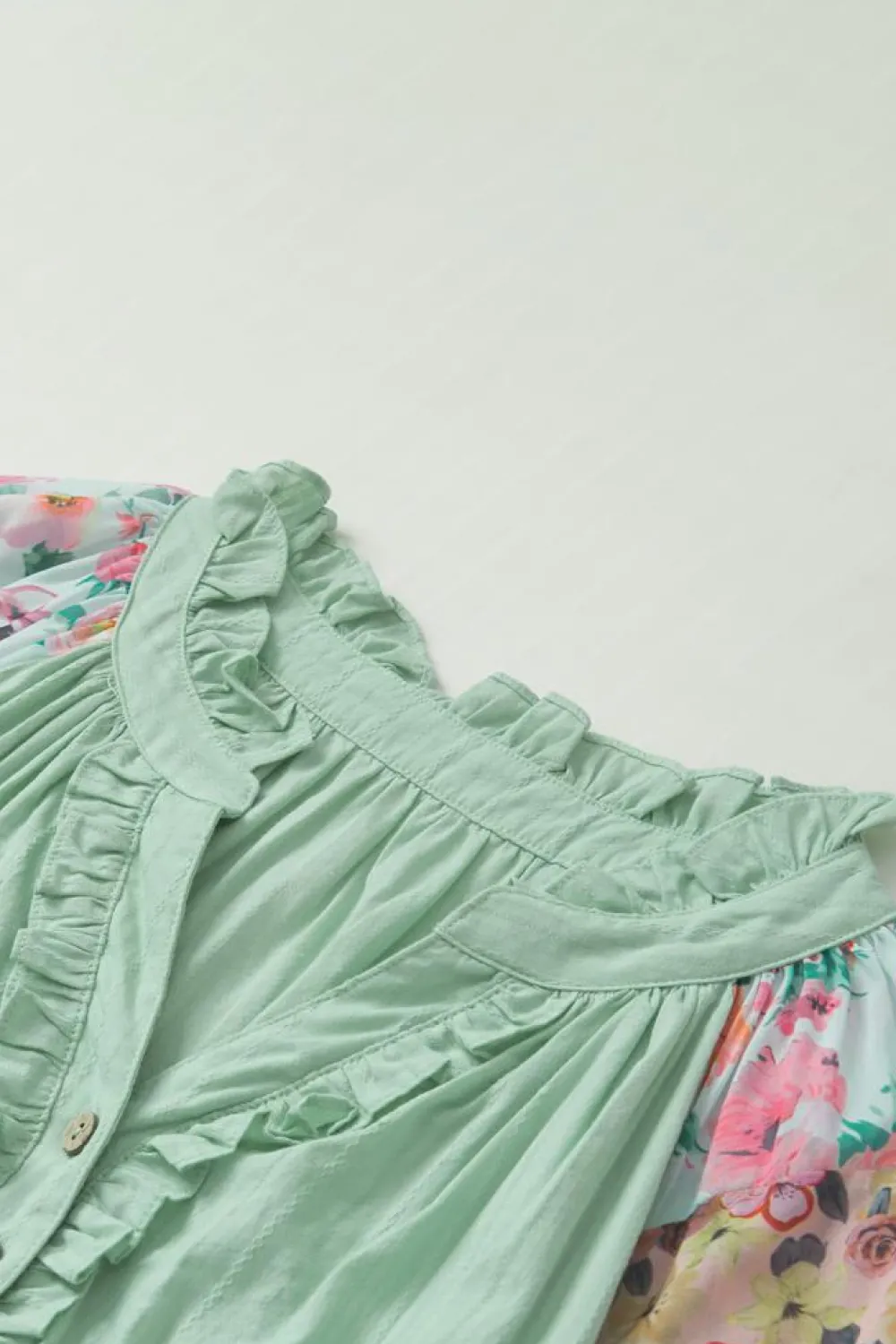 Sale Dear-Lover Floral Patchwork Frilled Split Neck Blouse Green Printed