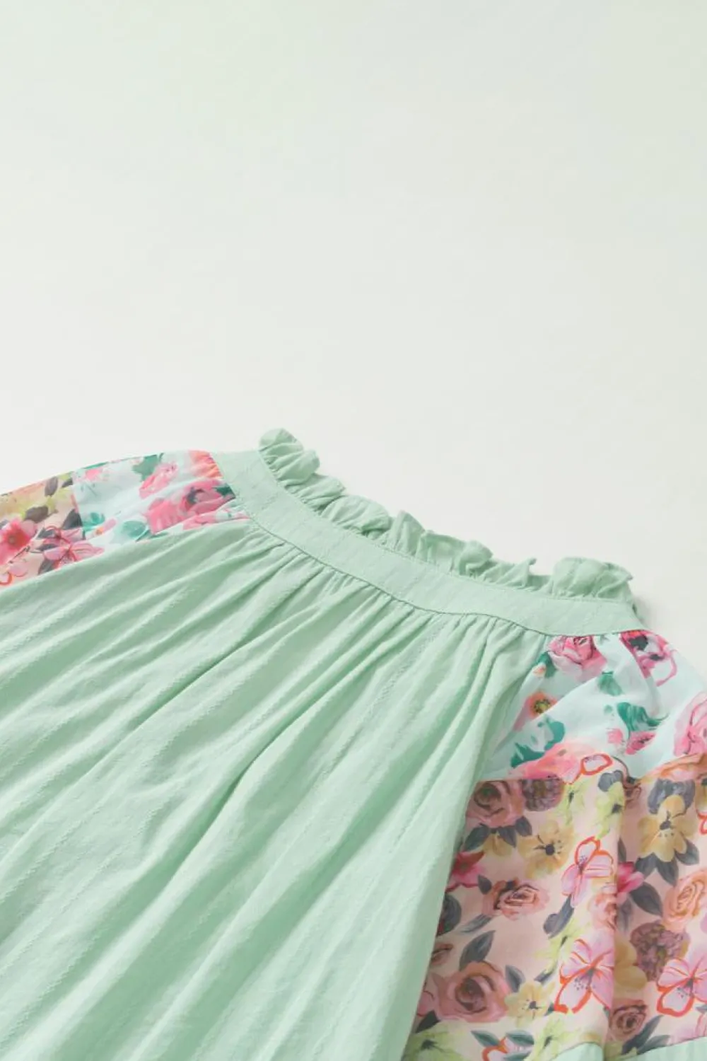 Sale Dear-Lover Floral Patchwork Frilled Split Neck Blouse Green Printed