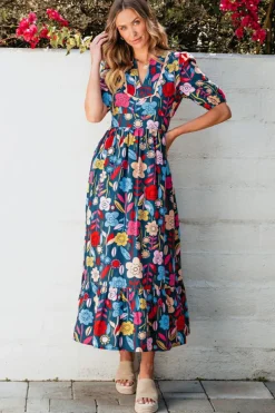 Best Dear-Lover Retro Floral Printed Split Neck Maxi Dress Green