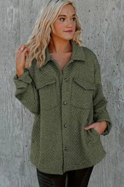 Best Dear-Lover Retro Quilted Flap Pocket Button Shacket Green