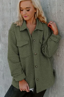 Best Dear-Lover Retro Quilted Flap Pocket Button Shacket Green