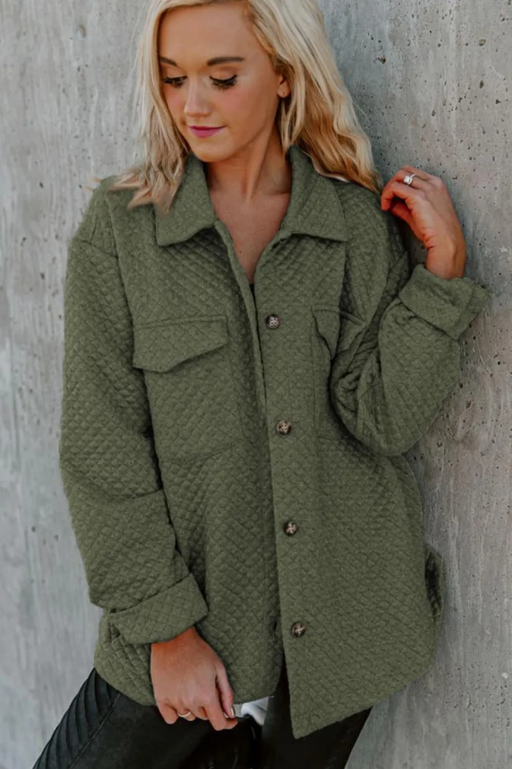 Best Dear-Lover Retro Quilted Flap Pocket Button Shacket Green
