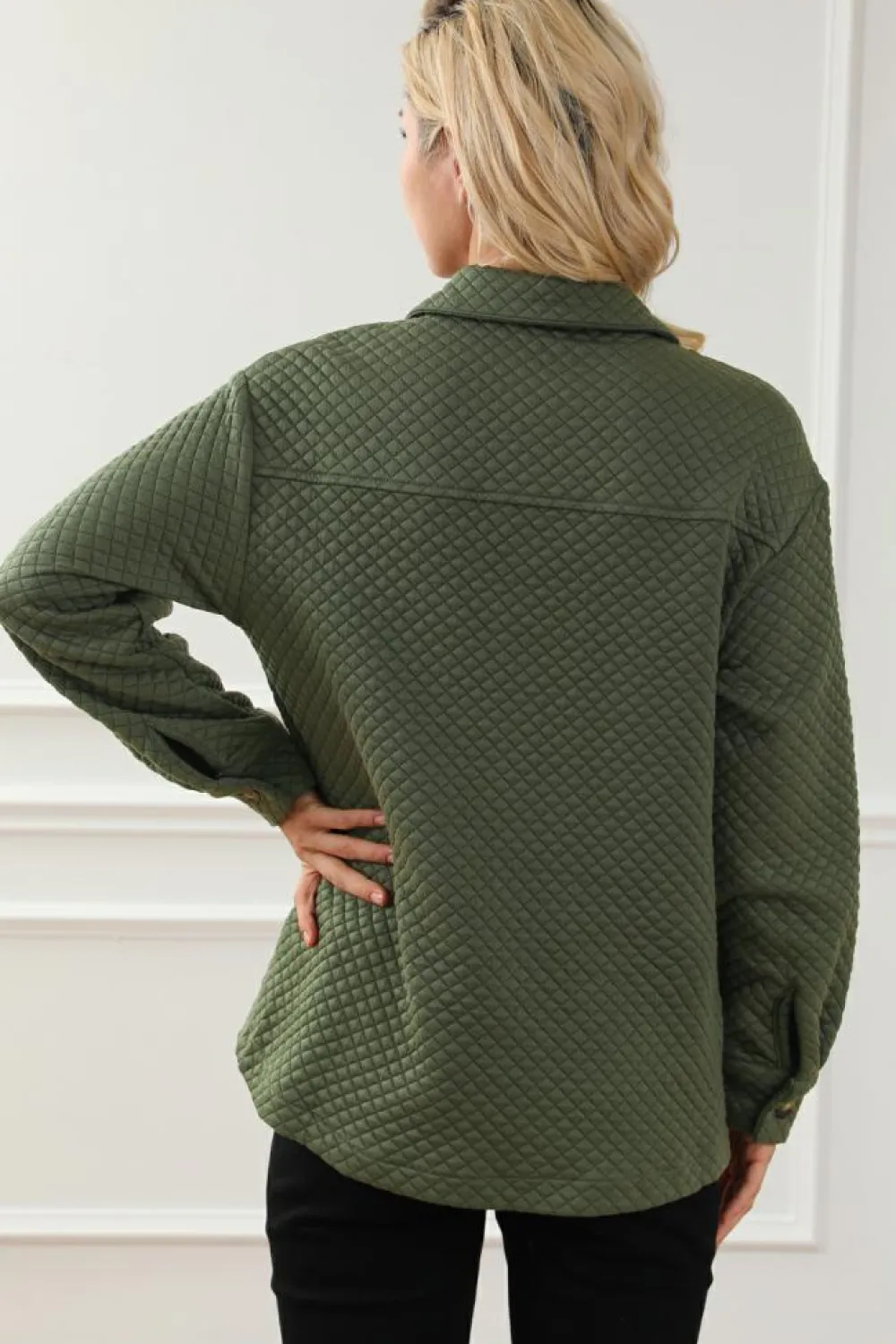 Best Dear-Lover Retro Quilted Flap Pocket Button Shacket Green