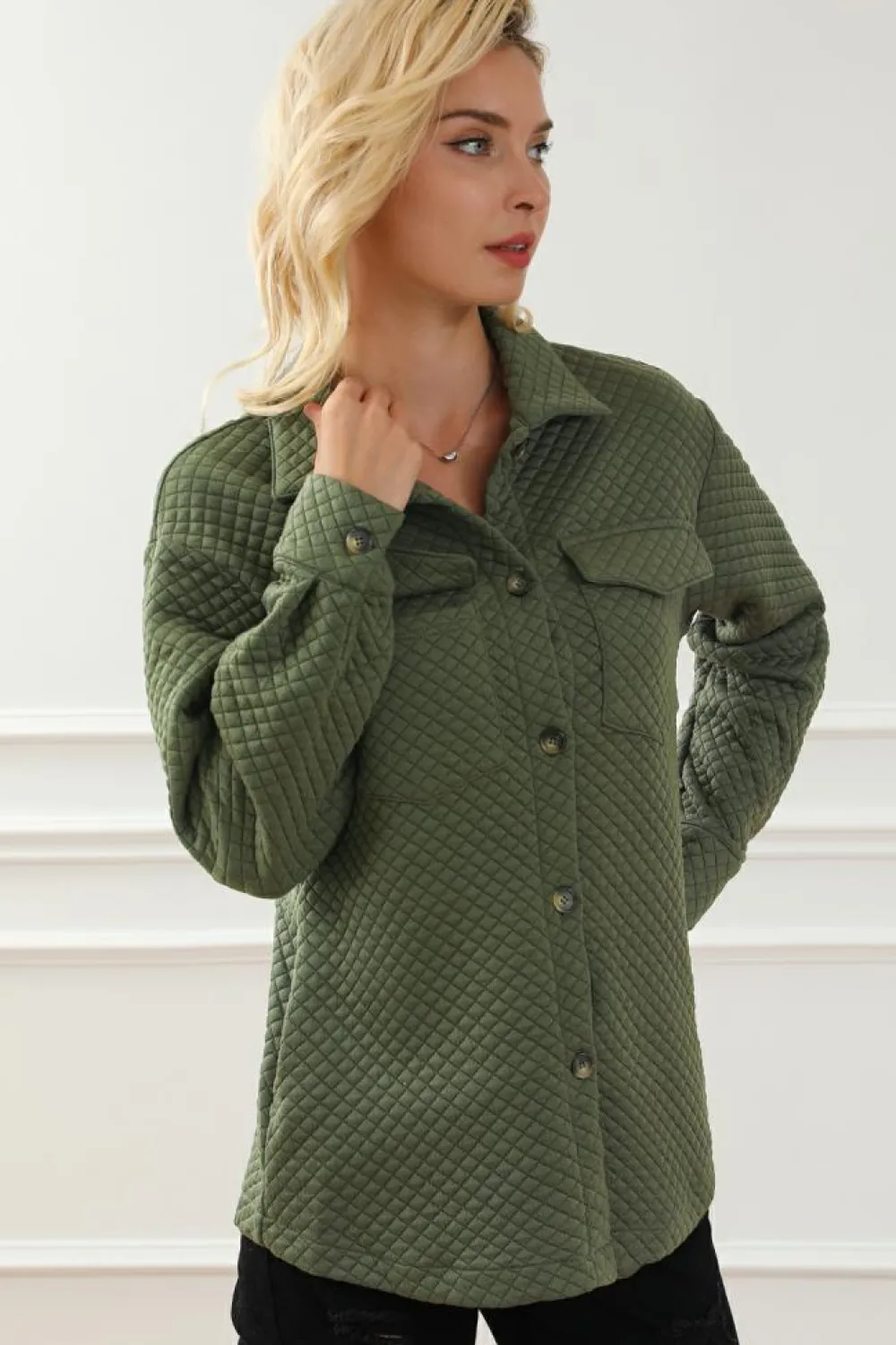 Best Dear-Lover Retro Quilted Flap Pocket Button Shacket Green