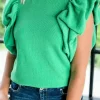 Online Dear-Lover Ribbed Knit Puffy Ruffle Sleeve Blouse Green