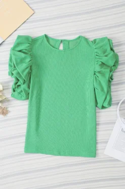Online Dear-Lover Ribbed Knit Puffy Ruffle Sleeve Blouse Green