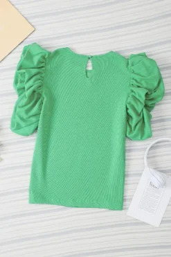 Online Dear-Lover Ribbed Knit Puffy Ruffle Sleeve Blouse Green