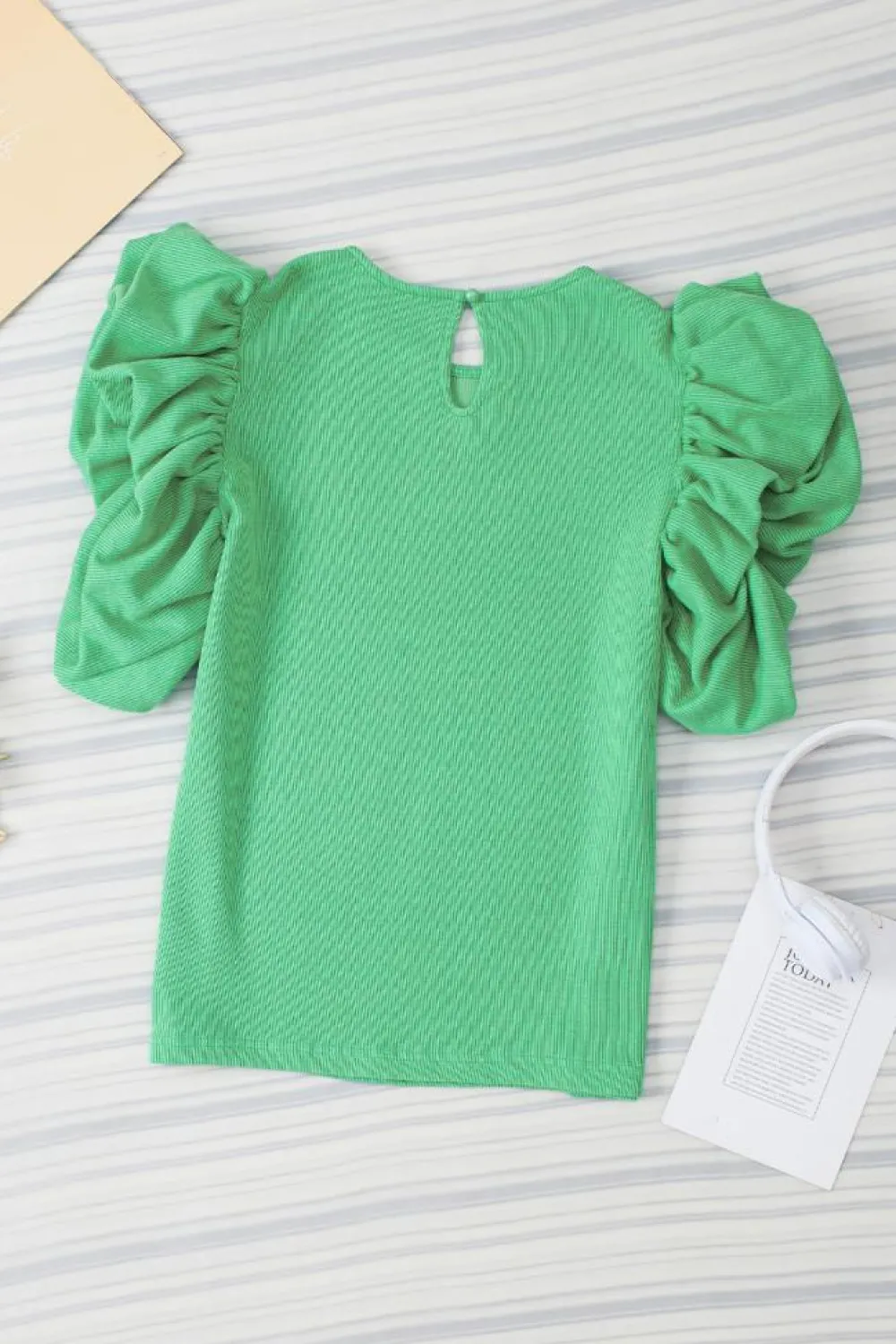 Online Dear-Lover Ribbed Knit Puffy Ruffle Sleeve Blouse Green