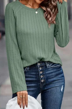 New Dear-Lover Ribbed Round Neck Knit Long Sleeve Top Green