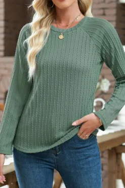 New Dear-Lover Ribbed Round Neck Knit Long Sleeve Top Green