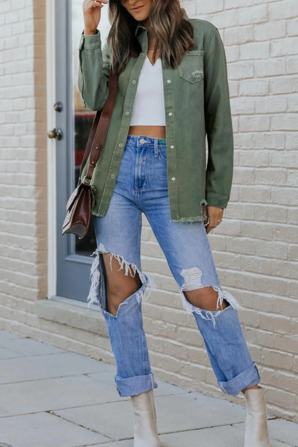 Fashion Dear-Lover Ripped Denim Jacket Green