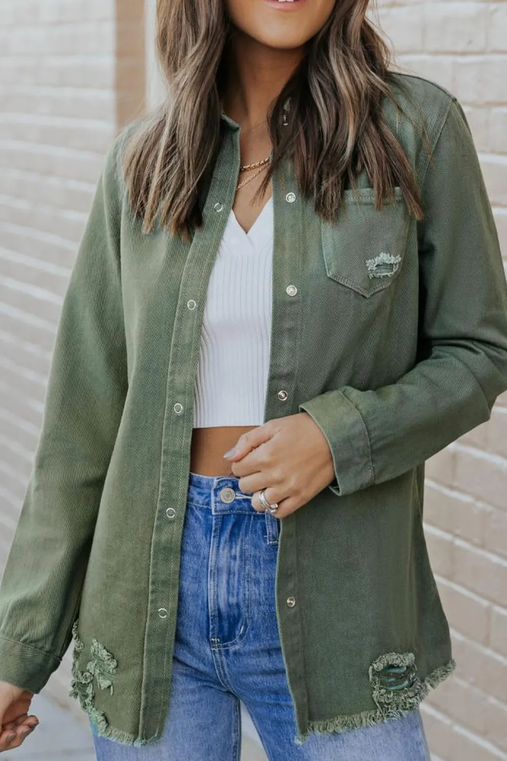 Fashion Dear-Lover Ripped Denim Jacket Green
