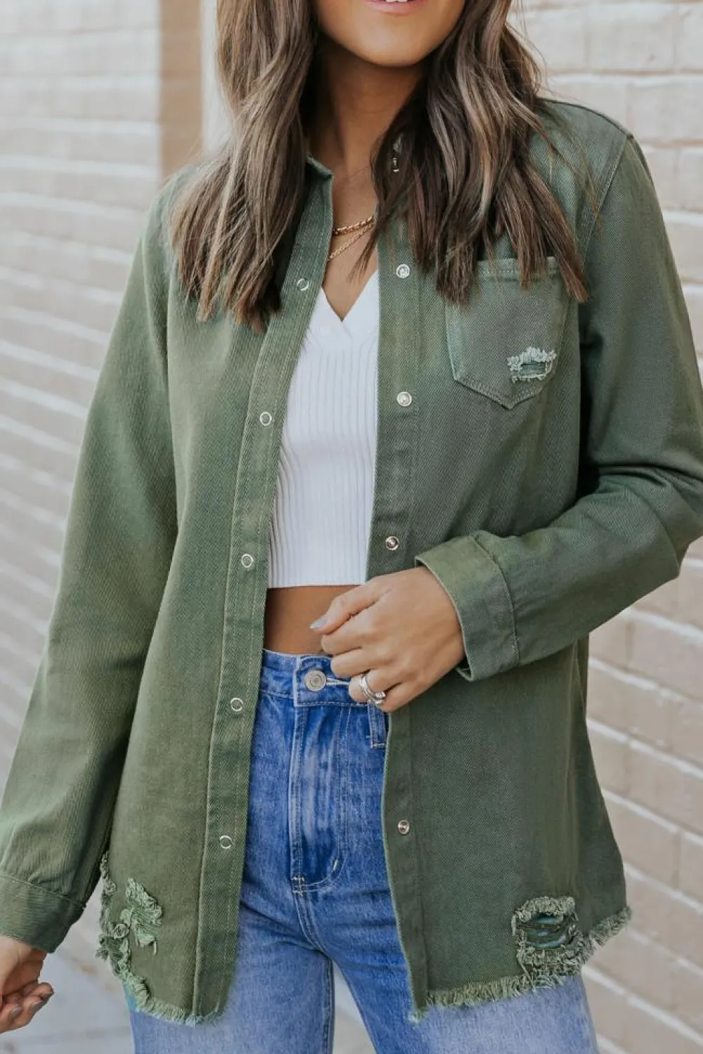 Fashion Dear-Lover Ripped Denim Jacket Green
