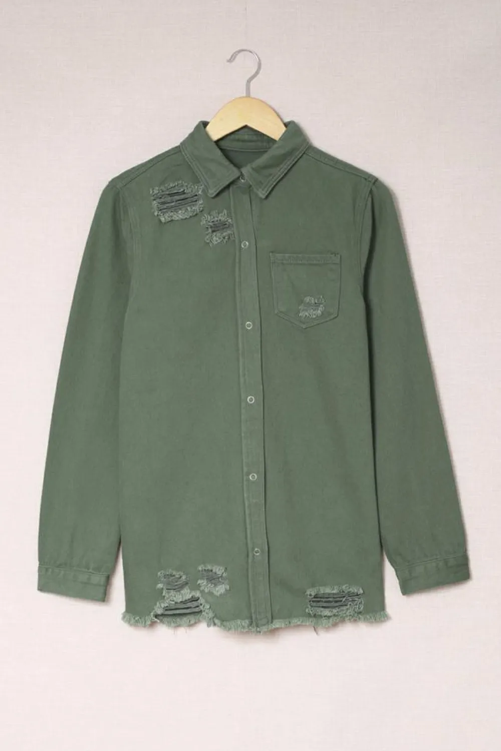 Fashion Dear-Lover Ripped Denim Jacket Green