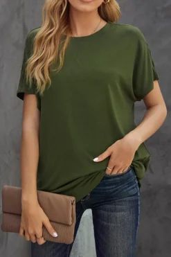 Sale Dear-Lover Round Neck Short Sleeve Solid Color Tee Green