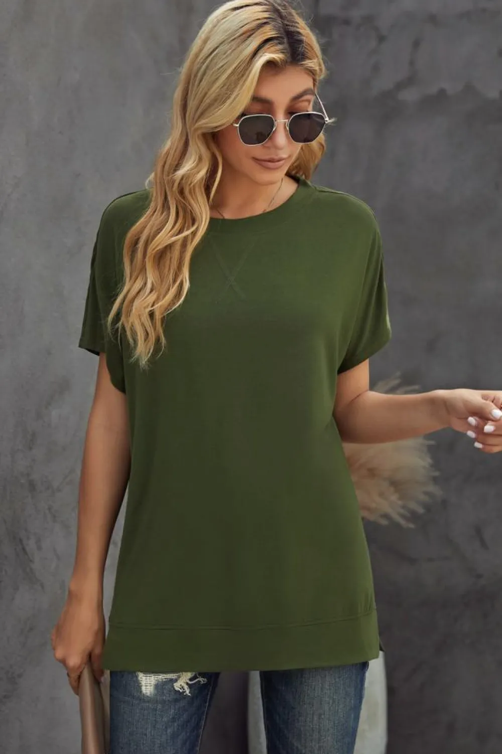 Sale Dear-Lover Round Neck Short Sleeve Solid Color Tee Green