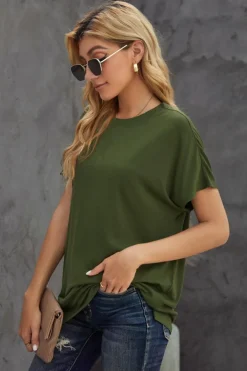Sale Dear-Lover Round Neck Short Sleeve Solid Color Tee Green