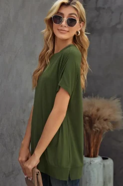 Sale Dear-Lover Round Neck Short Sleeve Solid Color Tee Green