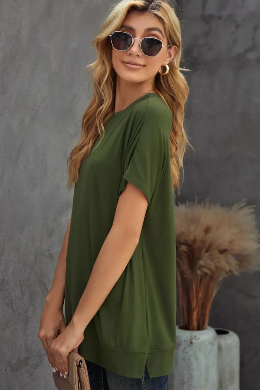 Sale Dear-Lover Round Neck Short Sleeve Solid Color Tee Green