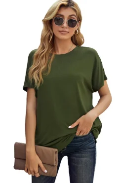 Sale Dear-Lover Round Neck Short Sleeve Solid Color Tee Green