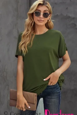 Sale Dear-Lover Round Neck Short Sleeve Solid Color Tee Green