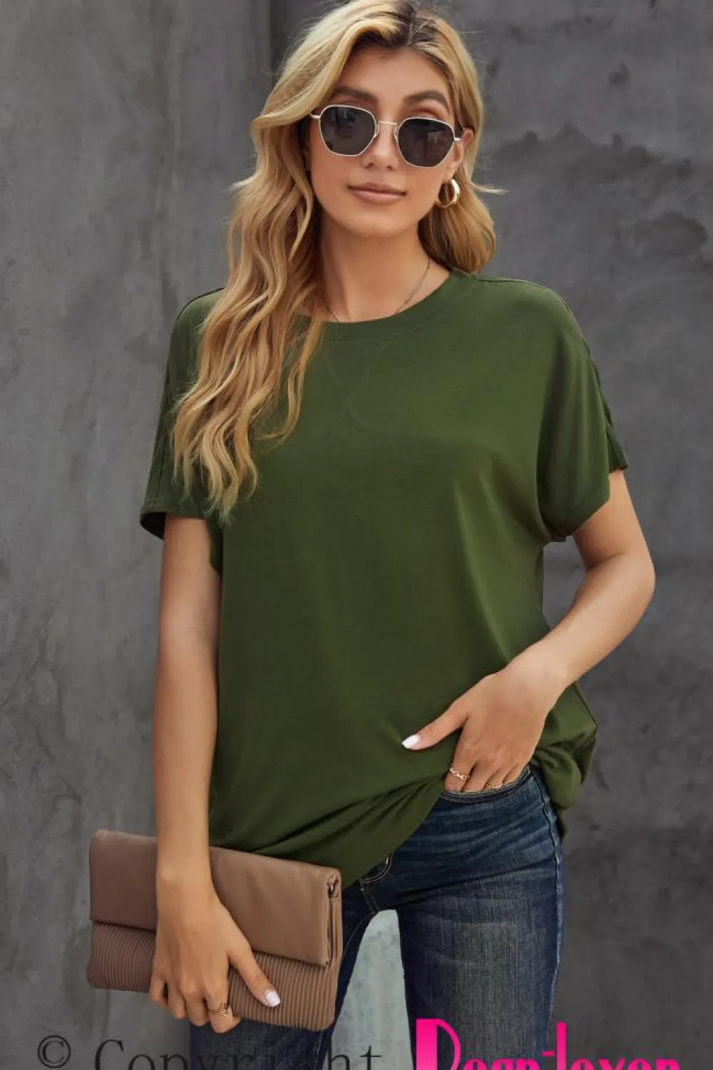Sale Dear-Lover Round Neck Short Sleeve Solid Color Tee Green