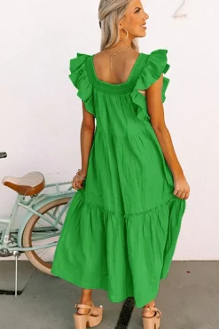 Discount Dear-Lover Ruffled Flutter Sleeve Square Neck Textured Tiered Maxi Dress Green