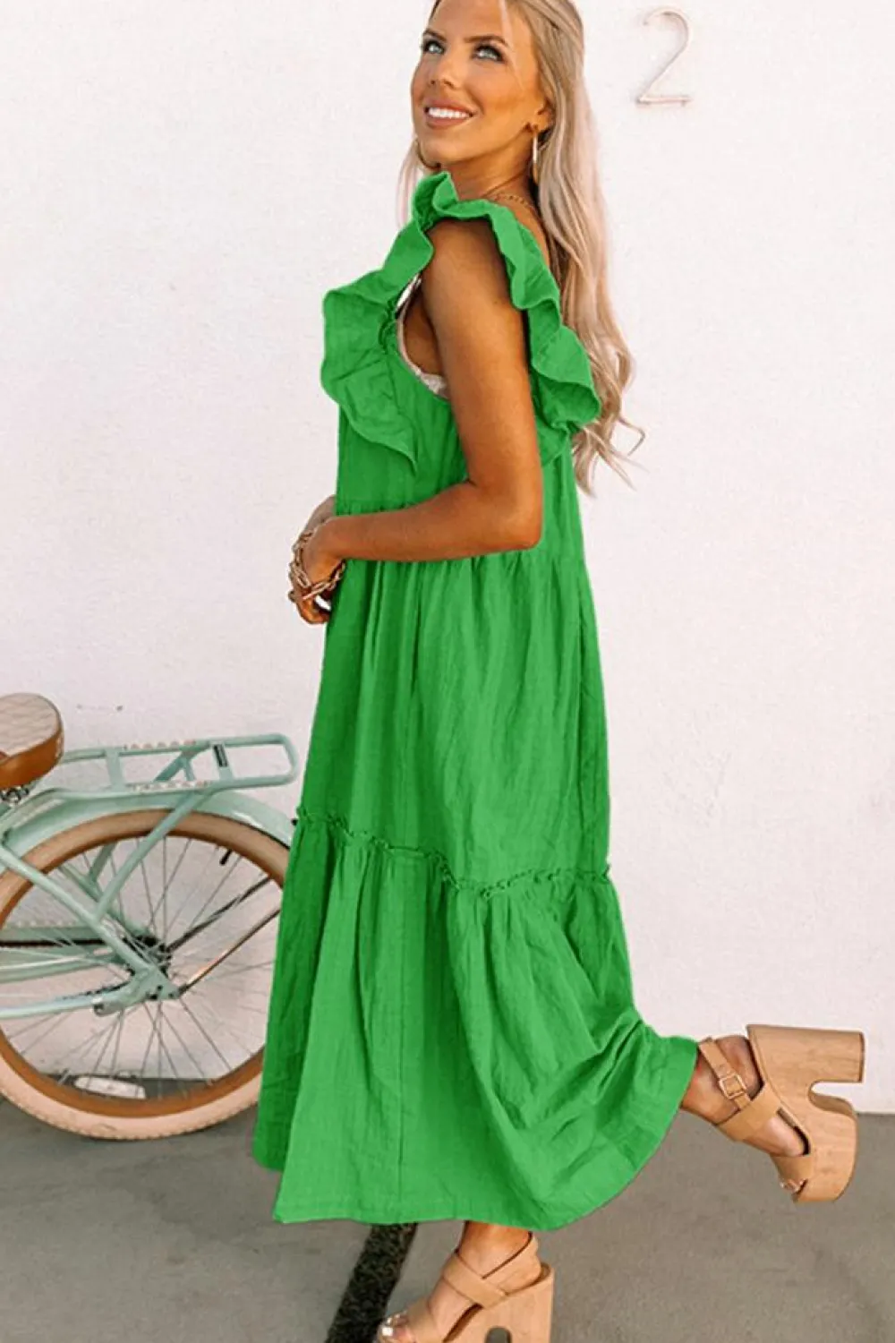 Discount Dear-Lover Ruffled Flutter Sleeve Square Neck Textured Tiered Maxi Dress Green