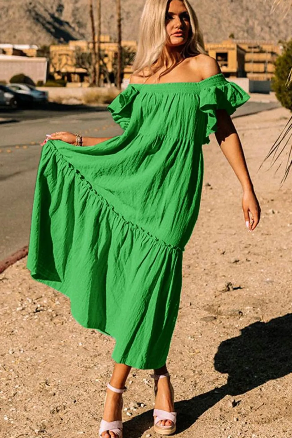 Discount Dear-Lover Ruffled Flutter Sleeve Square Neck Textured Tiered Maxi Dress Green
