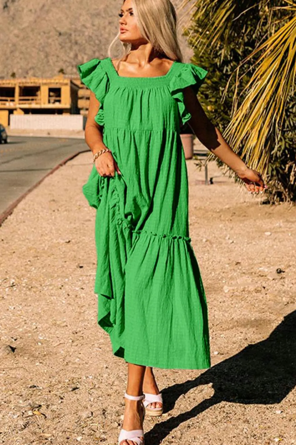 Discount Dear-Lover Ruffled Flutter Sleeve Square Neck Textured Tiered Maxi Dress Green