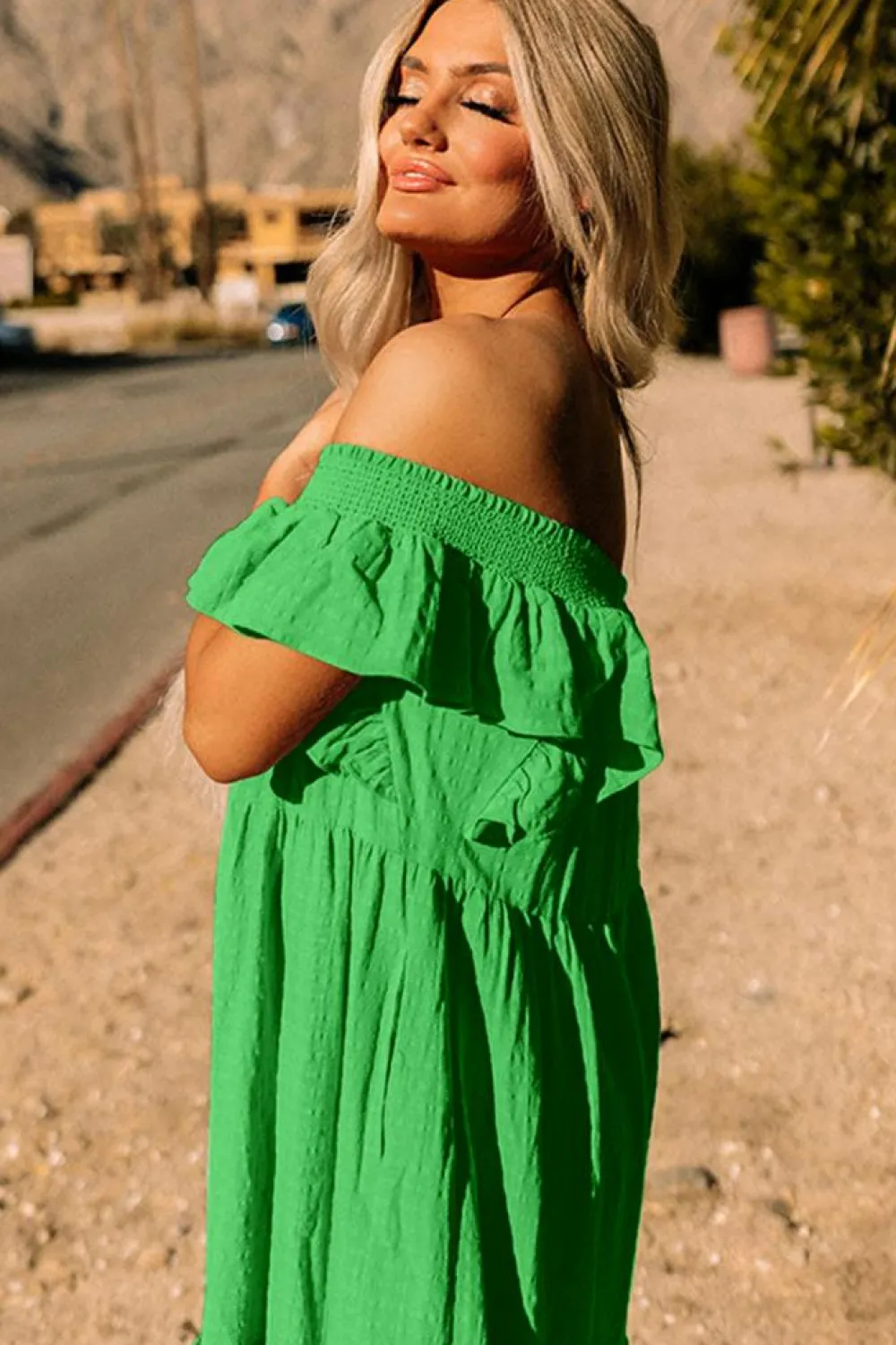 Discount Dear-Lover Ruffled Flutter Sleeve Square Neck Textured Tiered Maxi Dress Green