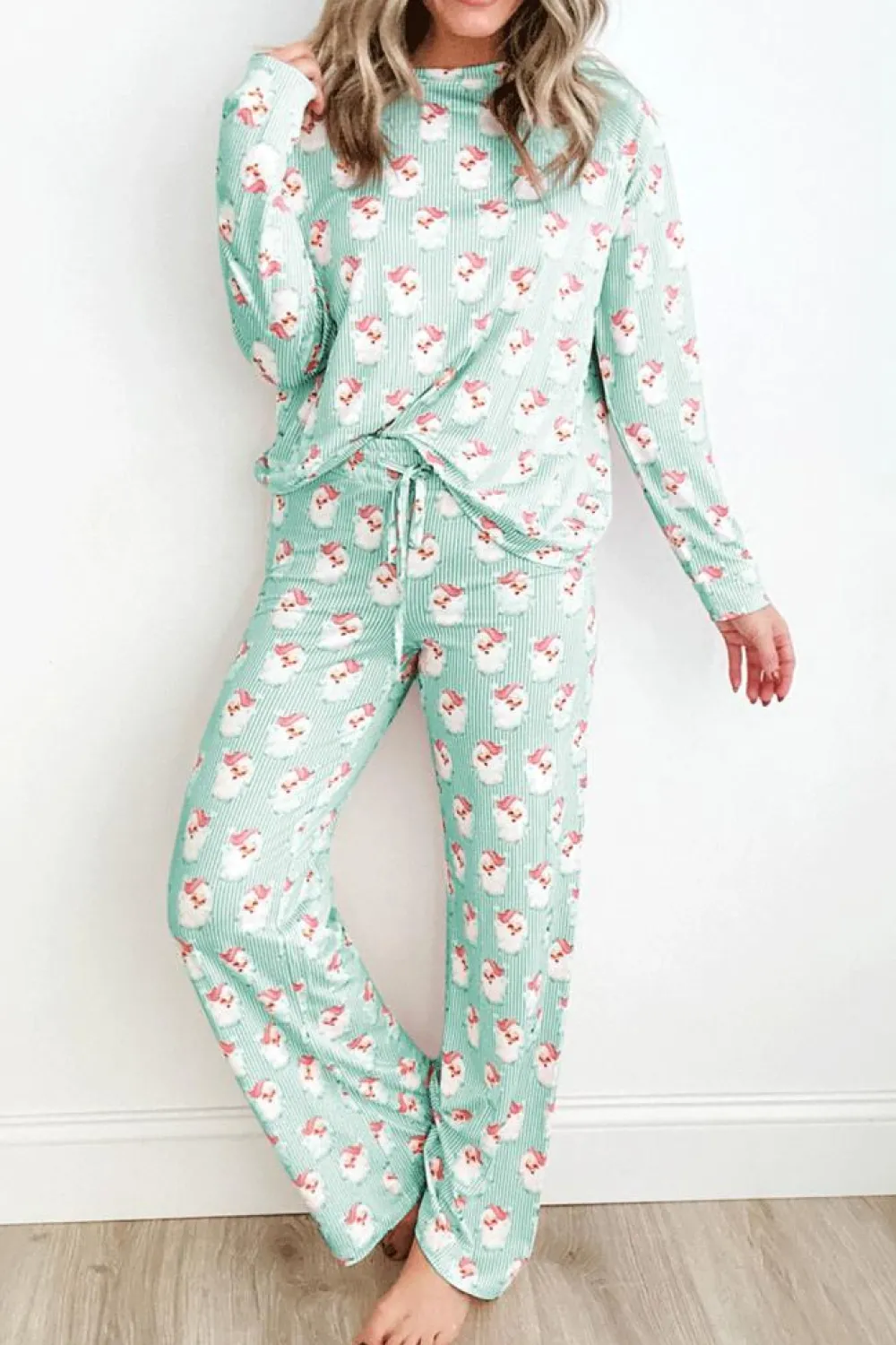 New Dear-Lover Santa Claus Striped Print Loose Fit Two Piece Lounge Set Green
