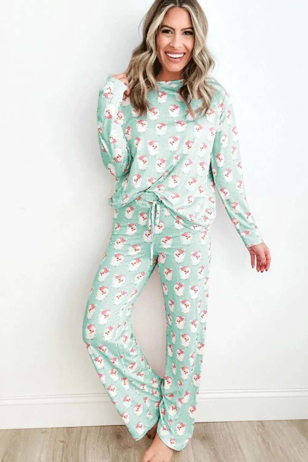 New Dear-Lover Santa Claus Striped Print Loose Fit Two Piece Lounge Set Green