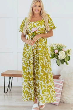 Sale Dear-Lover Scalloped Trim Square Neck High Waist Floral Maxi Dress Green