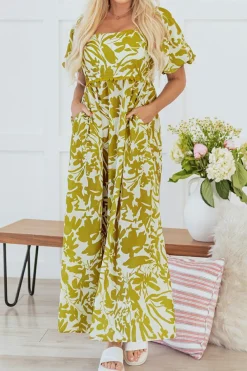 Sale Dear-Lover Scalloped Trim Square Neck High Waist Floral Maxi Dress Green