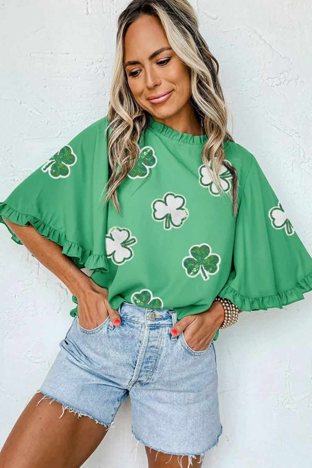 Fashion Dear-Lover Sequin Clover Graphic Ruffled Trim Bell Sleeve St Patrick Blouse Green