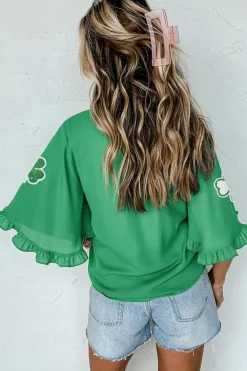Fashion Dear-Lover Sequin Clover Graphic Ruffled Trim Bell Sleeve St Patrick Blouse Green