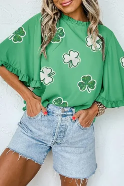 Fashion Dear-Lover Sequin Clover Graphic Ruffled Trim Bell Sleeve St Patrick Blouse Green