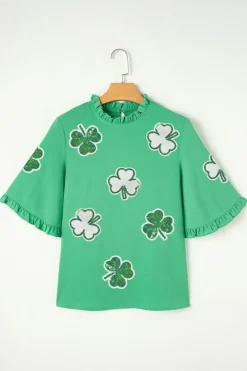 Fashion Dear-Lover Sequin Clover Graphic Ruffled Trim Bell Sleeve St Patrick Blouse Green