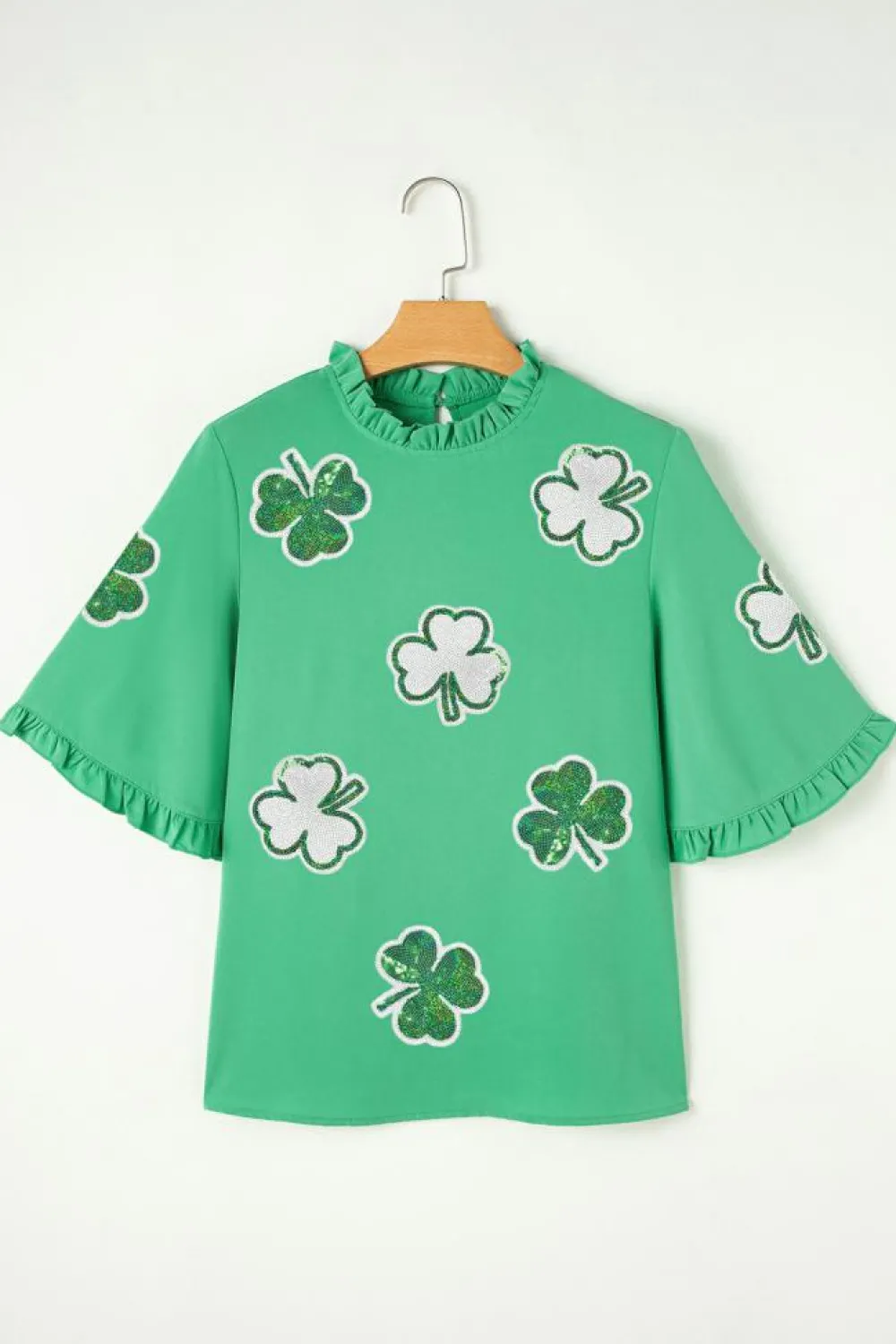 Fashion Dear-Lover Sequin Clover Graphic Ruffled Trim Bell Sleeve St Patrick Blouse Green