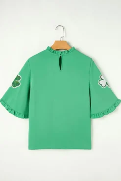 Fashion Dear-Lover Sequin Clover Graphic Ruffled Trim Bell Sleeve St Patrick Blouse Green