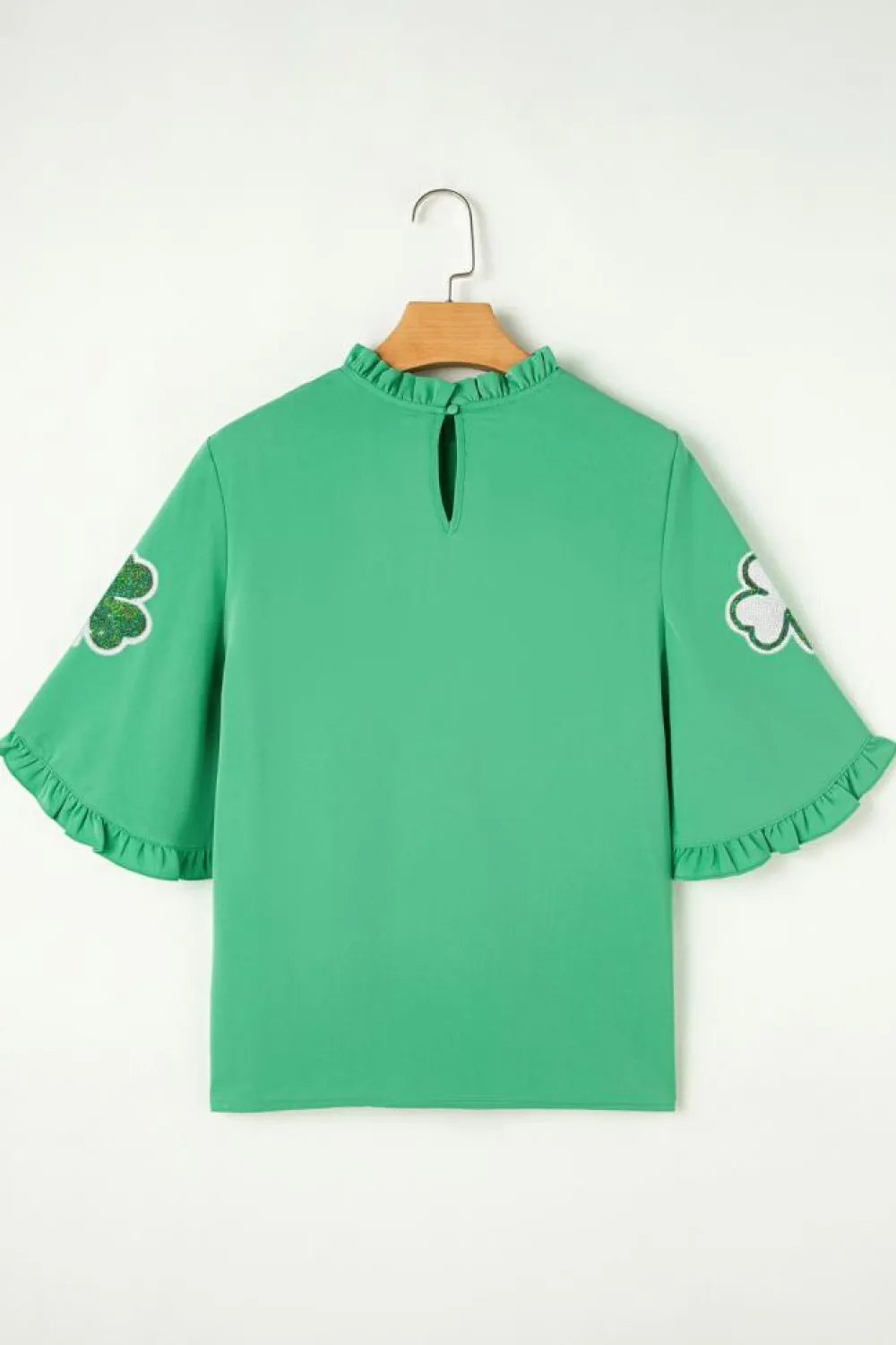 Fashion Dear-Lover Sequin Clover Graphic Ruffled Trim Bell Sleeve St Patrick Blouse Green