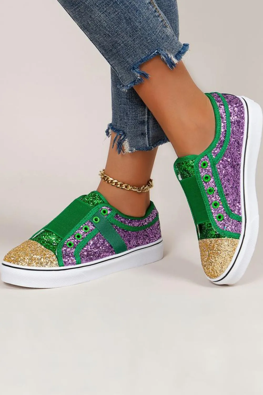 Hot Dear-Lover Sequin Color Block Slip-on Flat Shoes Green