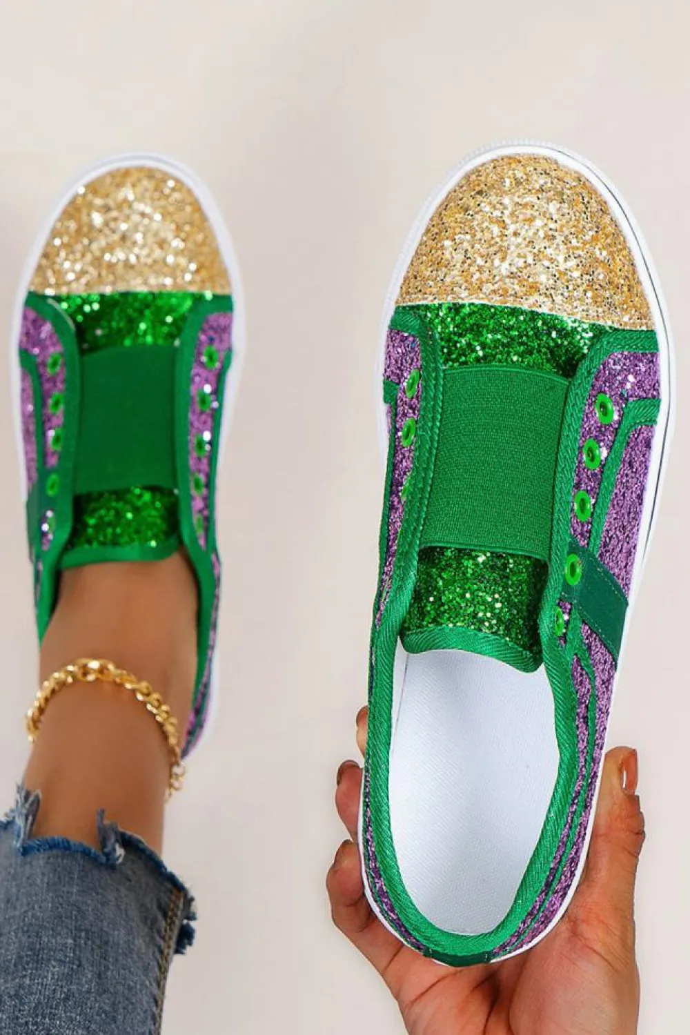 Hot Dear-Lover Sequin Color Block Slip-on Flat Shoes Green
