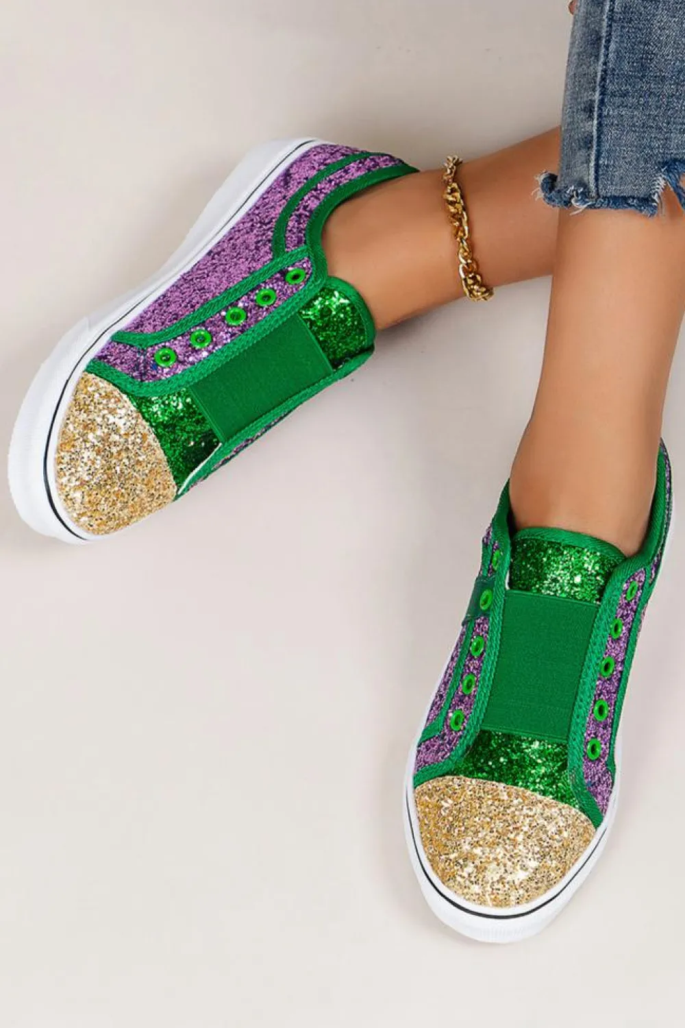Hot Dear-Lover Sequin Color Block Slip-on Flat Shoes Green