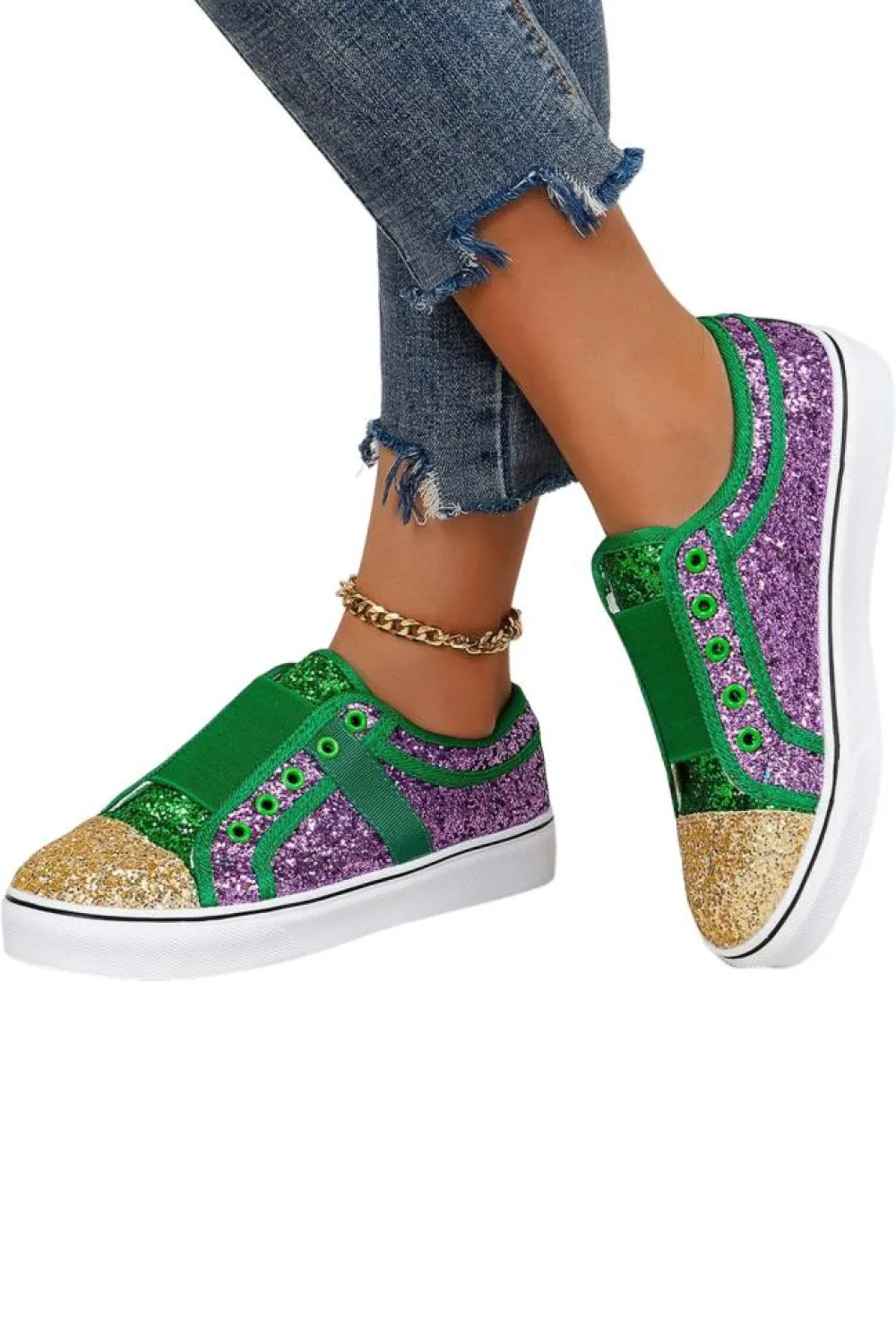 Hot Dear-Lover Sequin Color Block Slip-on Flat Shoes Green