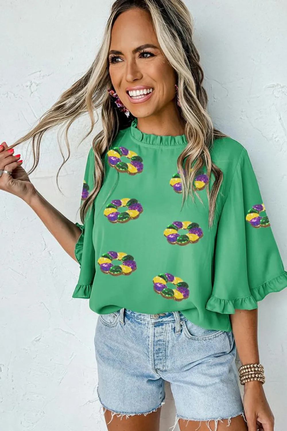 Clearance Dear-Lover Sequin Doughnut Graphic Ruffled Trim Bell Sleeve Mardi Gras Blouse Green