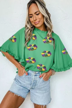 Clearance Dear-Lover Sequin Doughnut Graphic Ruffled Trim Bell Sleeve Mardi Gras Blouse Green