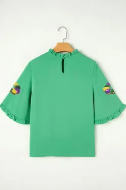 Clearance Dear-Lover Sequin Doughnut Graphic Ruffled Trim Bell Sleeve Mardi Gras Blouse Green